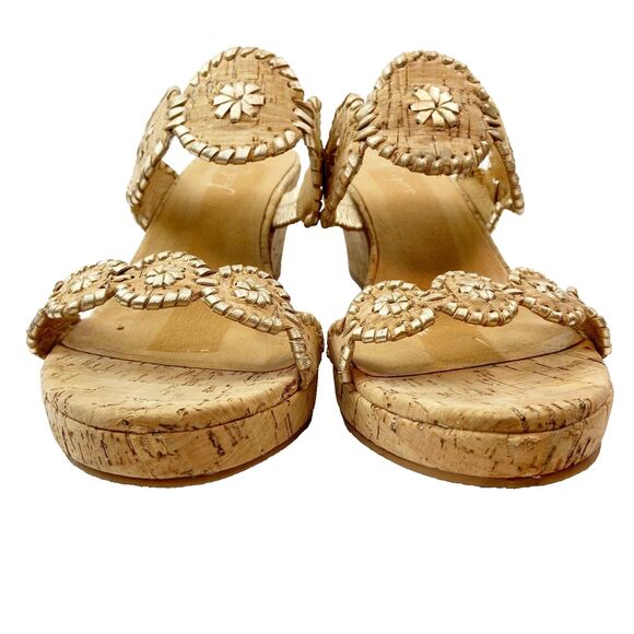Jack Rogers Wedge Heels Women's 10 Tan Cork Sandals Gold Metallic Open Toe Slide - Picture 5 of 7